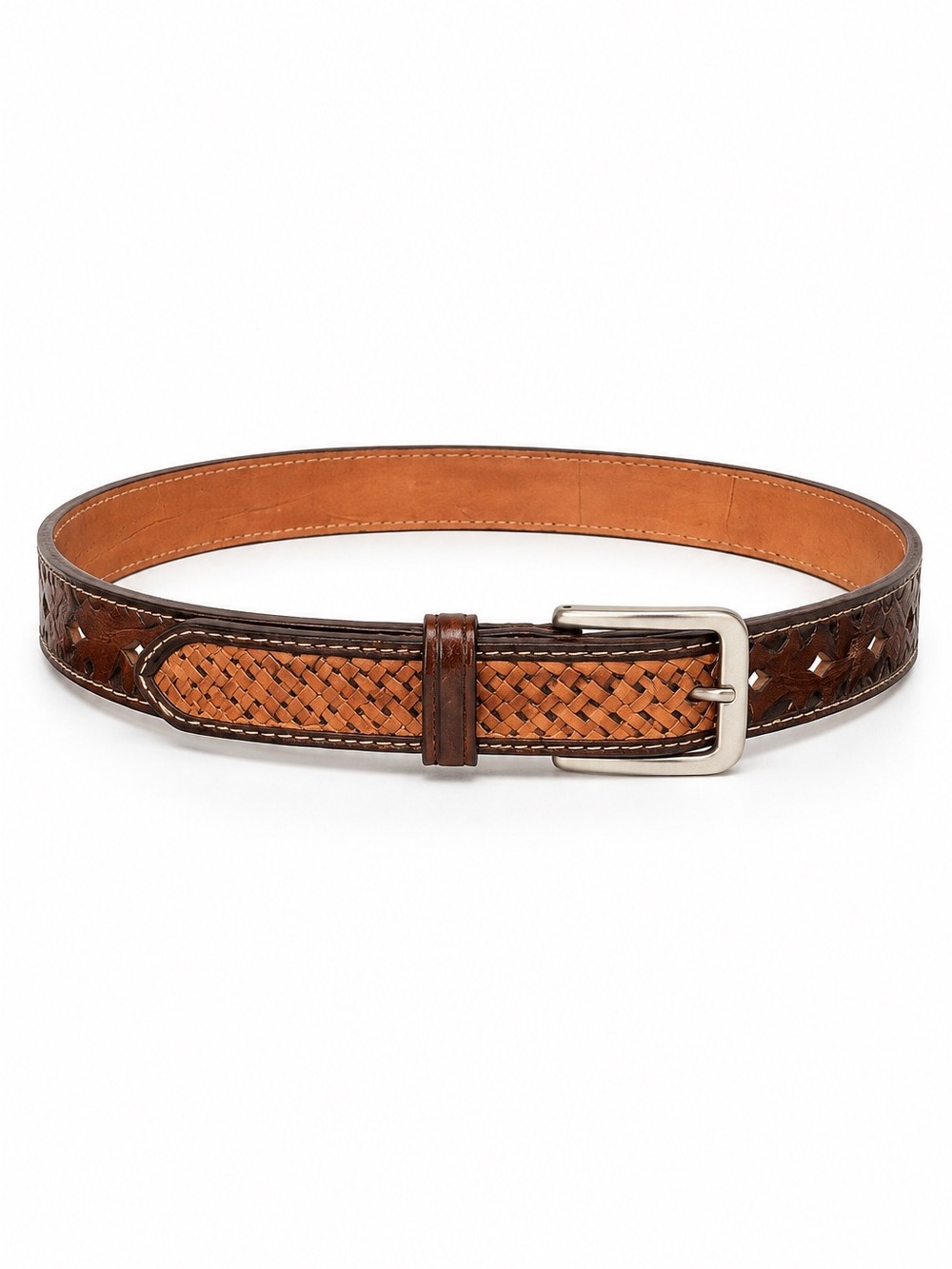 Tooled basketweave Leather Floral Belt - brown Tan handmade
